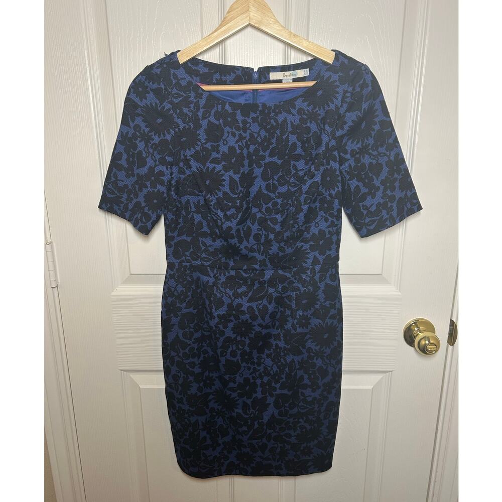 Boden Blue and Black Floral Patterned Structured Sheath Dress